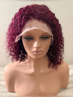 100% Human Hair,Spicy Maroon Colored,12 Inch, Wet Curly Look,Lace Front, Wig